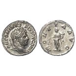 Caracalla silver denarius, Rome Mint 213 AD. Reverse: MONETA AUG., Moneta standing left holding