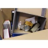 Ephemera - large mixed box of material including Postcards, coin books, shoebox of medals, badges,