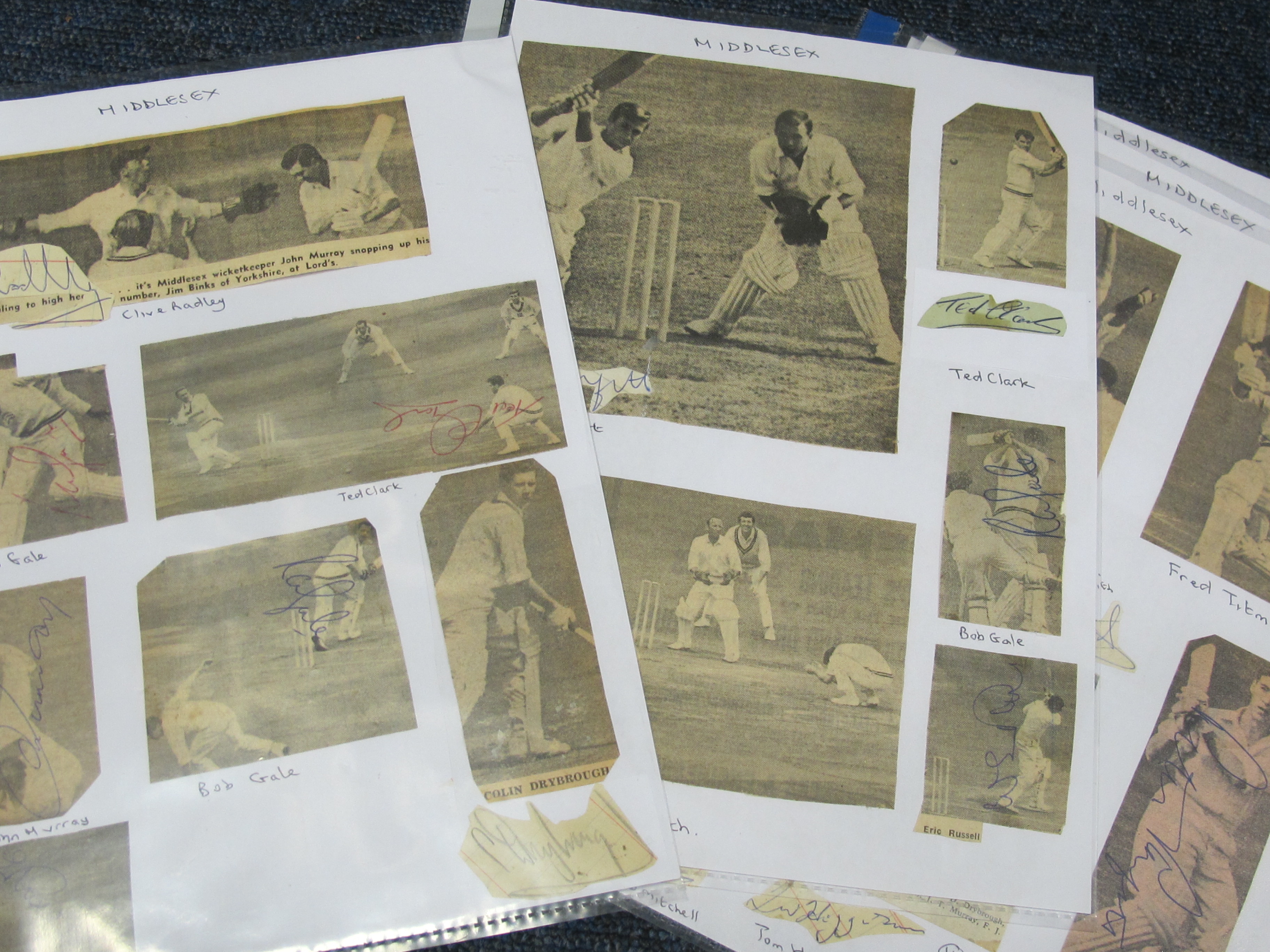 Cricket, various pages of Autographs for Middlesex 1960's, each page a collage of Players and Team