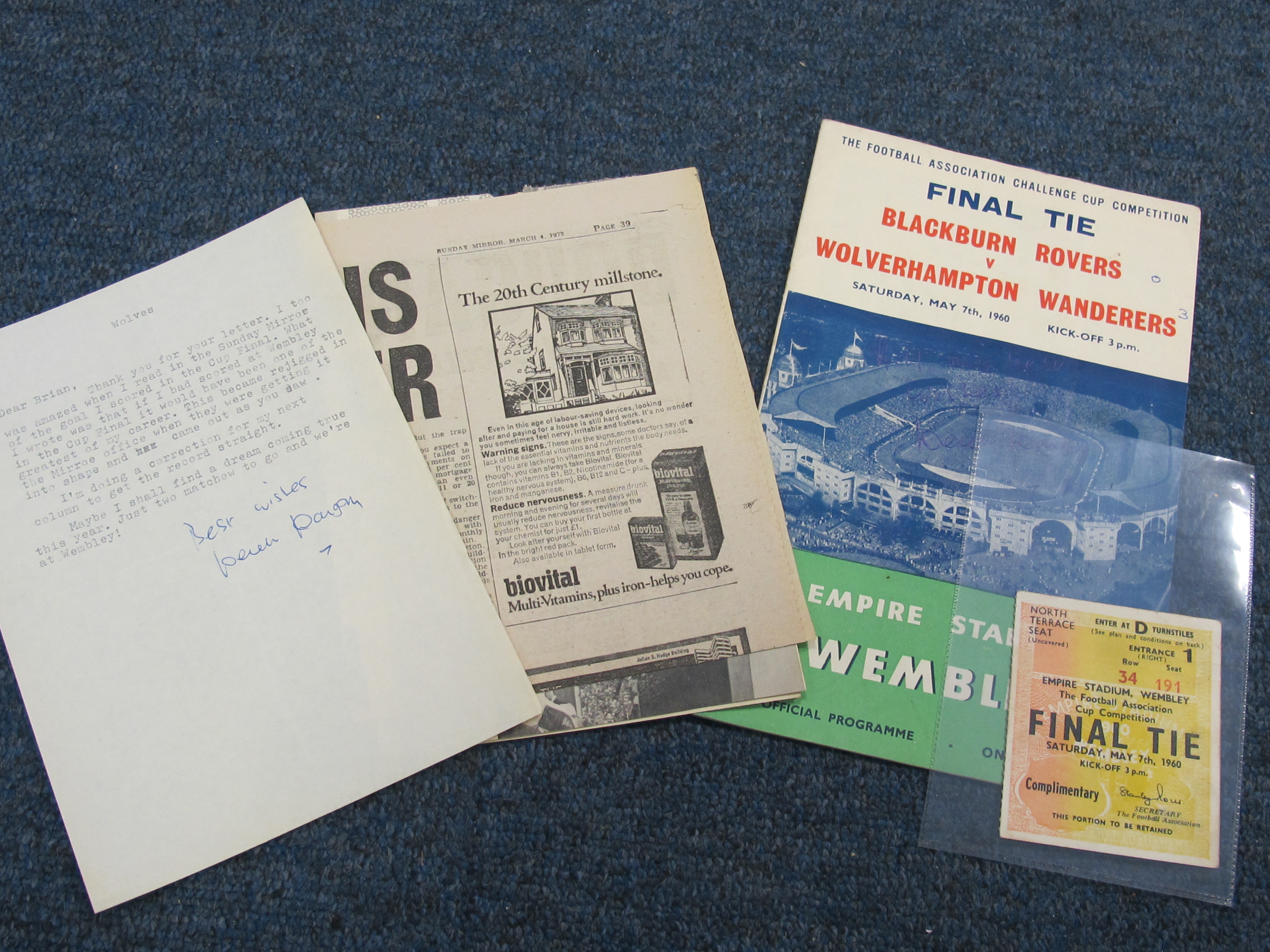 FA Cup Final Programme & Ticket for 7th May 1960 Blackburn v Wolverhampton, autographed to cover