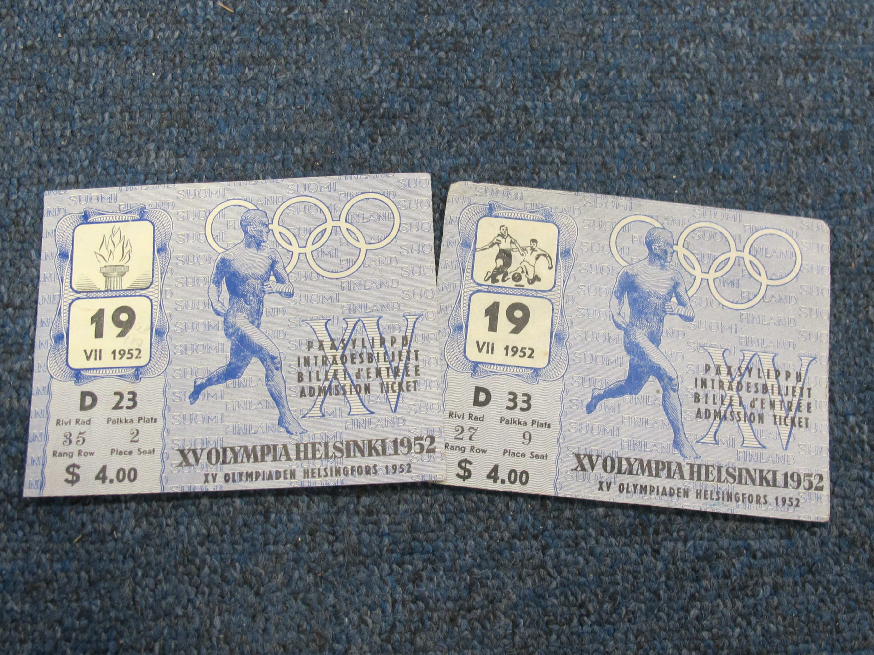 Helsinki Olympics 1952 ticket for the Opening Ceremony, plus ticket for Football preliminary game (