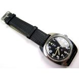 CWC military stainless steel gentleman`s wristwatch, Army issue dated 1976. The black dial with