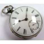 Silver open face pocket watch, hallmarked London 1874, the white enamel dial applied with black