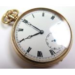 9ct gold open face pocket watch, hallmarked Birmingham 1929, the white enamelled dial with Roman