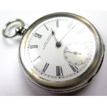 Silver open face pocket watch by John Smerdon, Newton Abbott & Geneva, Hallmarked Chester 1881.