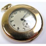 Gents 9ct Gold open faced pocket watch, white enamel dial with black Arabic numerals and second