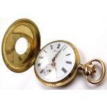 Gents 14ct gold half hunter pocket watch by Boutte, the case with black enamelled Roman numerals