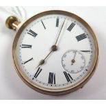 9ct gold open face pocket watch. The white enamel dial applied with black Roman numerals, bordered