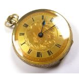 Ladies 9ct gold pocket watch, gilt dial with roman numerals surrounded by minute track, the dial