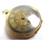 18ct Gold Ladies open faced fob watch, Floral dial with black Roman numerals