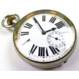 Silver plated Goliath pocket watch having an enamel dial with bold Roman numerals and subsidiary