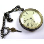 Silver open face pocket watch, stamped .935. approx dia 54mm on a silver chain with key