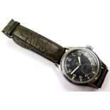 Buren Grand Prix military issue gentleman`s wristwatch. The black dial with white arabic numerals,