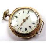 14ct gold ladies fob watch, Black Roman numerals on a white dial. approx 28mm diameter
