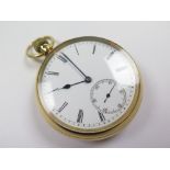 18ct gold open face pocket watch. The white enamel dial applied with black roman numerals,