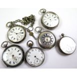 Five Silver open face pocket watches along with a Silver Half Hunter, all AF