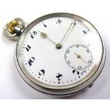 Silver open faced pocket watch, the white enamel dial with Arabic numerals, subsidiary second dial