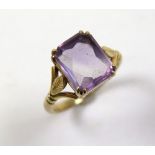 9ct Gold Ring set with emerald cut Amethyst size K weight 3.2 grams