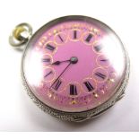 0.935 Silver Ladies Fob watch black enamel numerals on a pink enamel dial