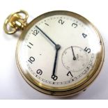 Gold plated open face pocket watch. The white enamel dial applied with black Arabic numerals,