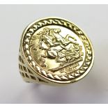 9ct Gold St George Sovereign style Ring size V weight 4.8 grams