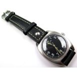 Hamilton Geneve military stainless steel gentleman`s wristwatch, Army issue dated 1973. The black