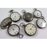 Six silver pocket watches, open face x four along with two full hunters. Various sizes from 44mm -