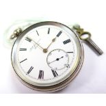 Gents Silver open faced pocket watch by Benson,London, white enamel dial with Roman numerals and a