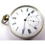 Silver cased (0.935) open faced pocket watch, the white enamel dial with Roman numerals,