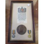 BWM & Victory Medal, Death Plaque and Scroll, framed and glazed (full entitlement) to 79347 Pte.