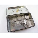 Collection of GB pre 1920 (mainly Victorian) Silver in an old money box, mixed grades with some