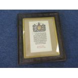An original framed Memorial Scroll to Cpl Robert Taylor 2/Bn. Northampton R. in a contemporary frame