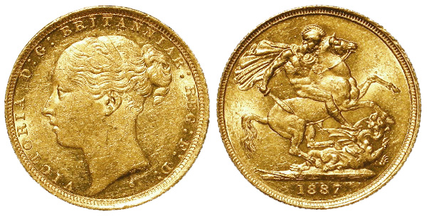 Sovereign 1887s prooflike aUnc ( a few tiny contact marks)