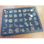 Display case of cap badges etc containing 6x shoulder titles, 14x buttons, 9x collar dogs, 22x