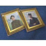 A pair of portraits of brothers. Over painted photographs with painted backgrounds and tented camp