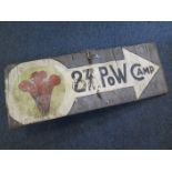 Great War (?) period original painted sign '24th POW Camp' on arrow with Prince of Wales Feathers