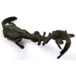 African bronze depicting a reptile creature (?) and a fish (missing one leg), length 8cm approx.