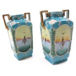 Pair of Japanese two handled hand painted vases by IE & C Co., both have four hand painted scenes,