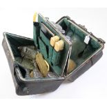 Small Victorian Black Leather case containing Vanity Set, Hairbrushes ,Mirrors, Jars all with H/M