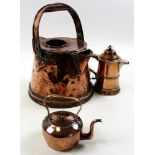 Large copper kettle, a copper teapot and a copper jug, kettle 14 inches tall approx.,