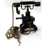 Early skeleton telephone No.16, hand crank operation, two bells, with early cords attached, Height