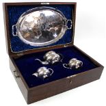 Late 19th Century Indian white metal tea set and tray in handsome mahogany presentation box. The