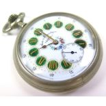 Large Doxa Nickel Railway Watch, white enamel face with Roman numerals highlighted by green enamel