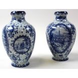 Pair of Royal Bonn Germany blue and white vases with pictorial panels, height approx 20cm tall