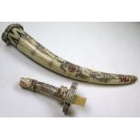 Oriental carved tusk with seperate handle, sword (?), circa early 20th century, total length