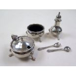 Silver cruit - salt, pepper & mustard, h 'mkd London 1963/64 + 2 salt spoons - both h'mkd Birmingham