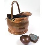 Bronze and red enamel bowl, bronze ashtray and copper coal scuttle (3)