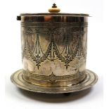 Victorian silver plated biscuit box of cylindrical form, engraved around the edge "Respectively