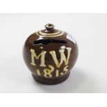 Slipware ceramic money box, circa 19th century, brown glaze with white glaze decoration 'MW 1815' to
