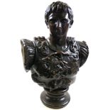 Large spelter bust, depicting Augustas, on tall white pillar plinth, circa 20th century, total